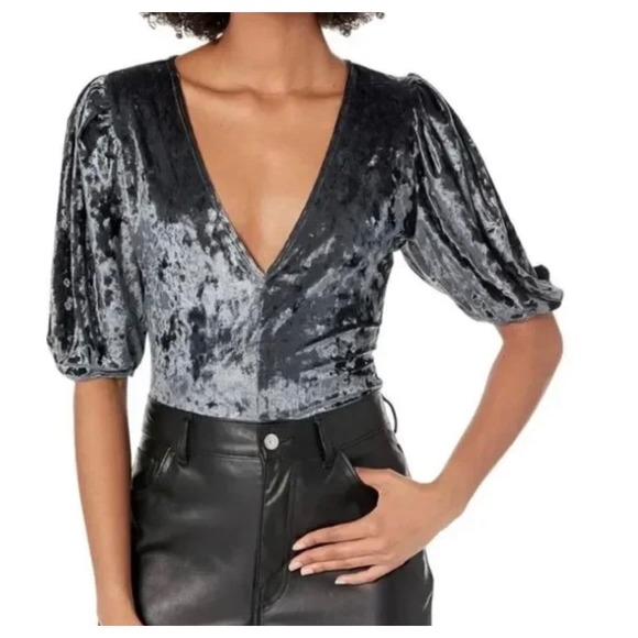 Free People Tops - Intimately Free People Crushed Velvet Puff Sleeve Bodysuit Grey boho whimsi Y2K